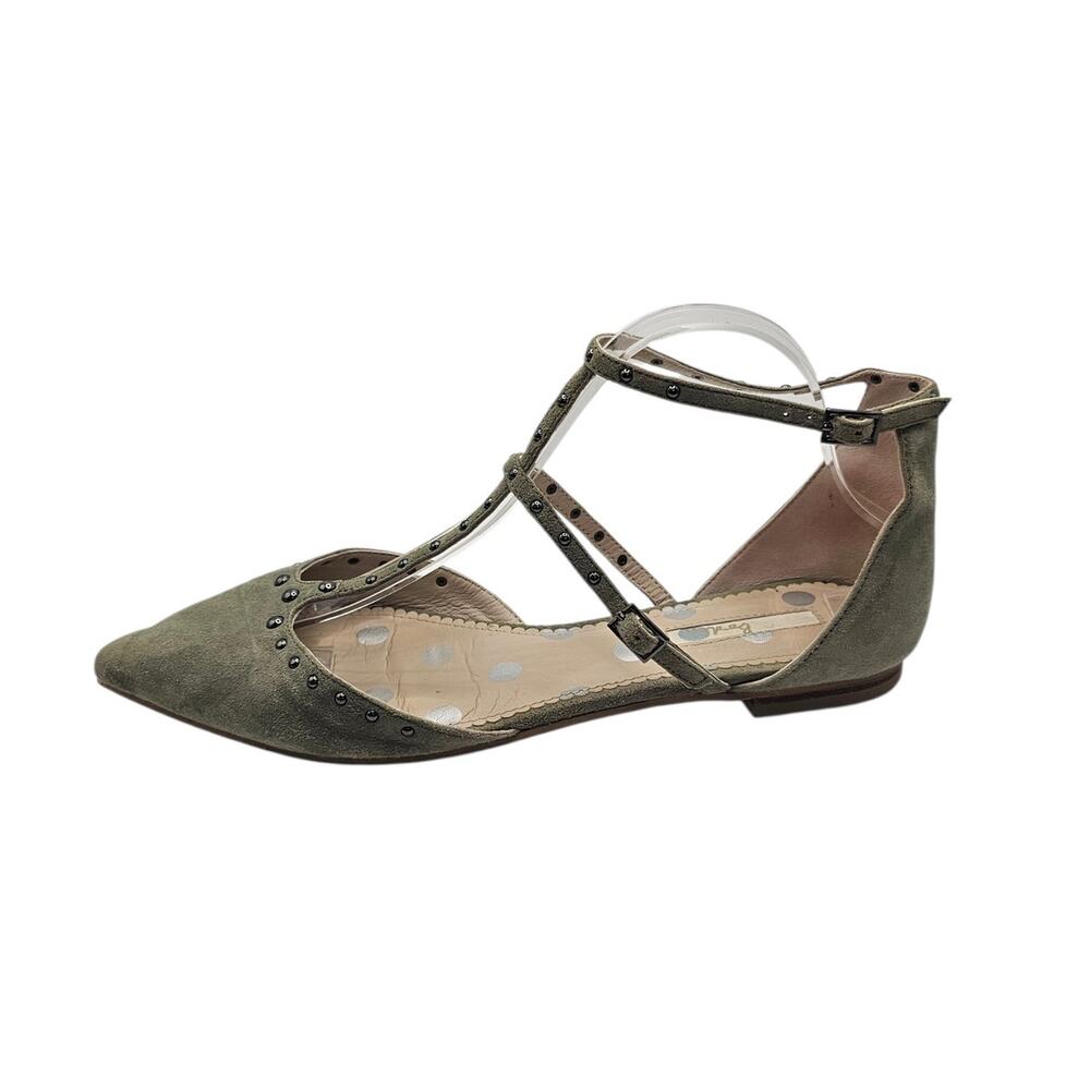 Boden Florence Studded Pointed Toe Flats Sage Green Suede Ankle Strap Size 10.5
